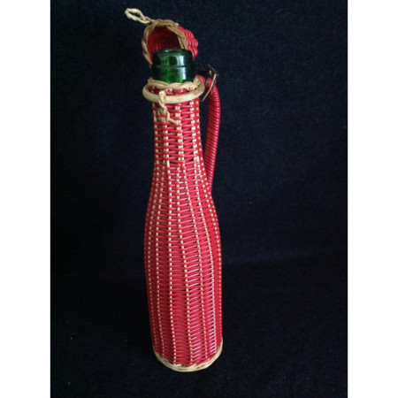 Bouteille Scoubidou osier et rouge 1950 - 1960