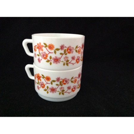 Duo tasses café Arcopal - Décor fleuri orange