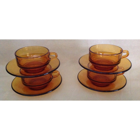 Ensemble 4 tasses et sous-tasses empilables - Duralex ambré