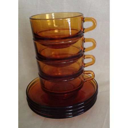 Ensemble 4 tasses et sous-tasses empilables - Duralex ambré