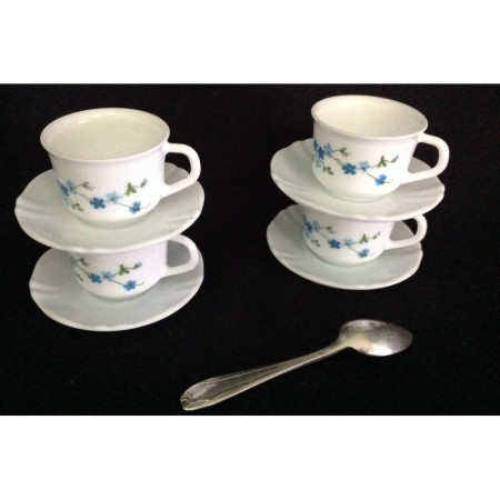 Ensemble 4 tasses+ sous-tasses café "simple" Arcopal - Myosotis