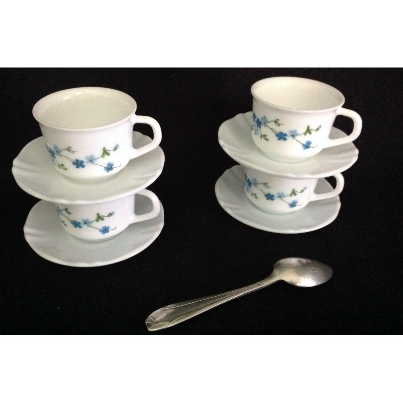 Ensemble 4 tasses+ sous-tasses café "simple" Arcopal - Myosotis