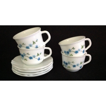 Ensemble 4 tasses+ sous-tasses café "simple" Arcopal - Myosotis