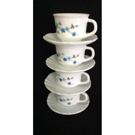 Ensemble 4 tasses+ sous-tasses café "simple" Arcopal - Myosotis