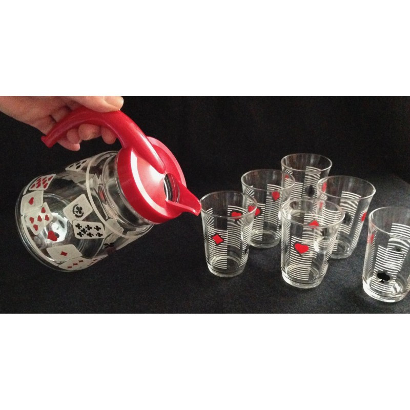 Ensemble cruche pichet et 6 verres "Belote" - 1960