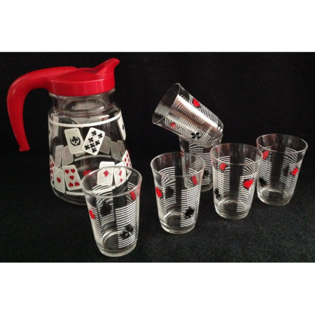Ensemble cruche pichet et 6 verres "Belote" - 1960