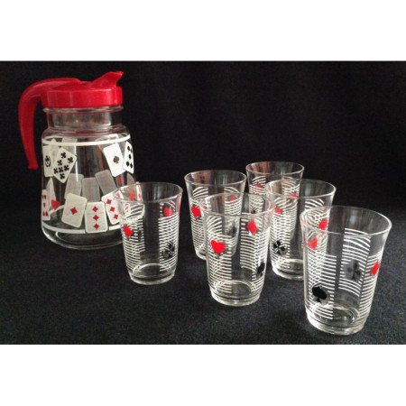 Ensemble cruche pichet et 6 verres "Belote" - 1960