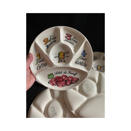 Ensemble de 6 assiettes à fondue bourguignonne - Faïence de Gien 1970