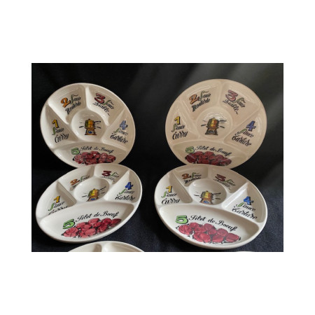 Ensemble de 6 assiettes à fondue bourguignonne - Faïence de Gien 1970