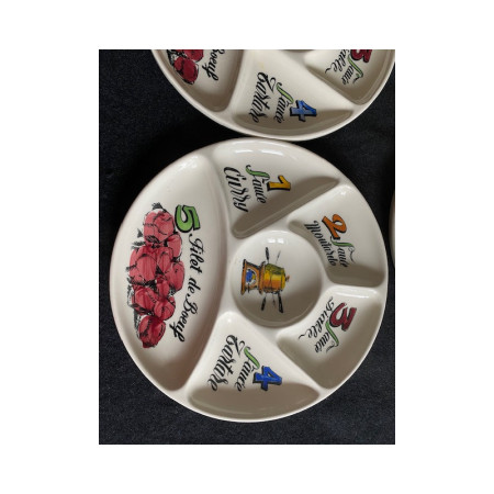 Ensemble de 6 assiettes à fondue bourguignonne - Faïence de Gien 1970
