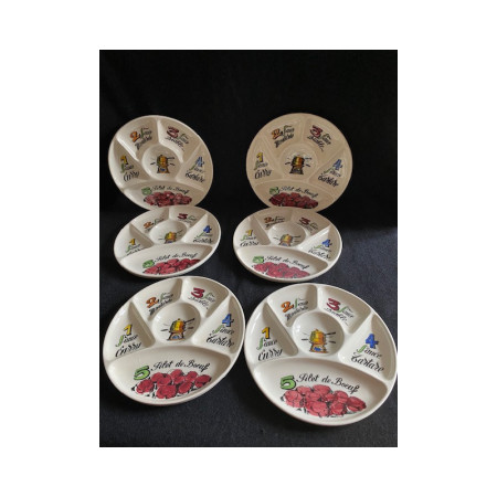 Ensemble de 6 assiettes à fondue bourguignonne - Faïence de Gien 1970