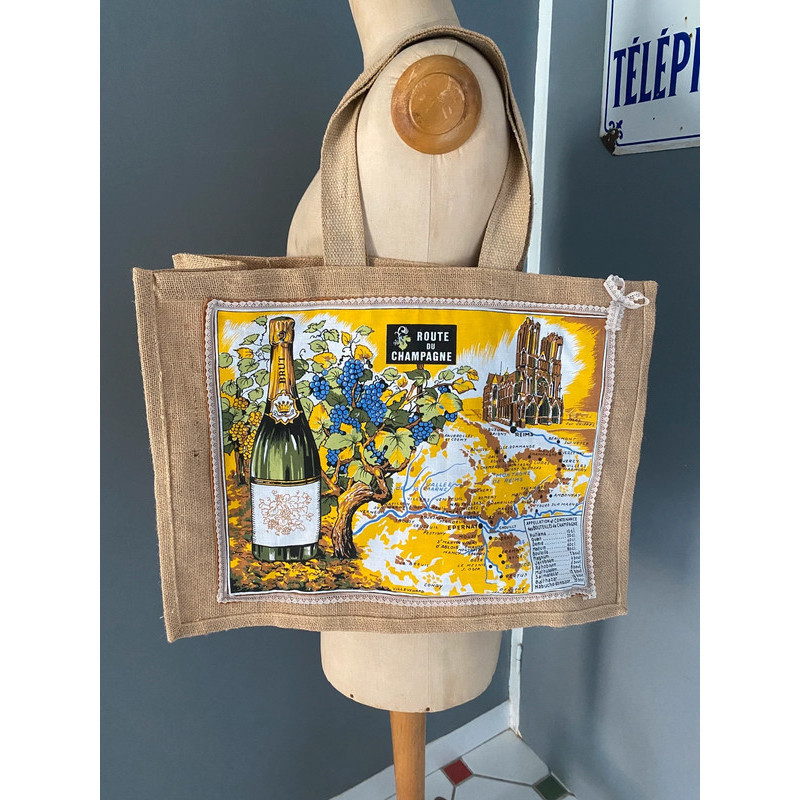 Sac cabas "Route du Champagne"  - upcycling tissus vintage 1970-80
