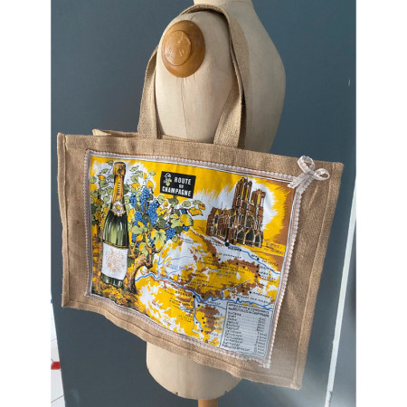 Sac cabas "Route du Champagne"  - upcycling tissus vintage 1970-80