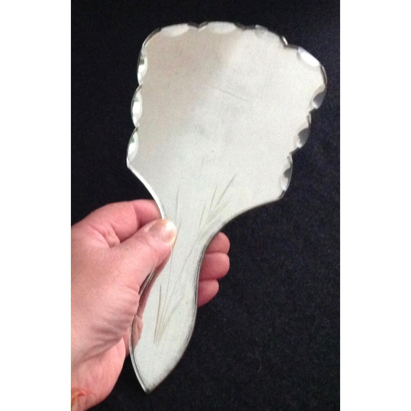Miroir à main ancien - verre gravé