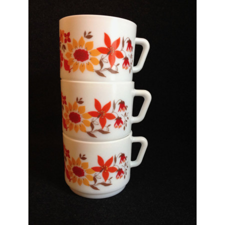 Trio tasses café Arcopal - Décor fleuri orange