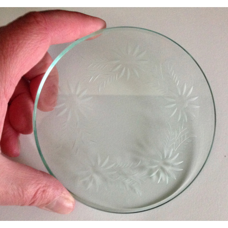 Plaque de verre ancienne ronde taillée biseautée - 12 cm