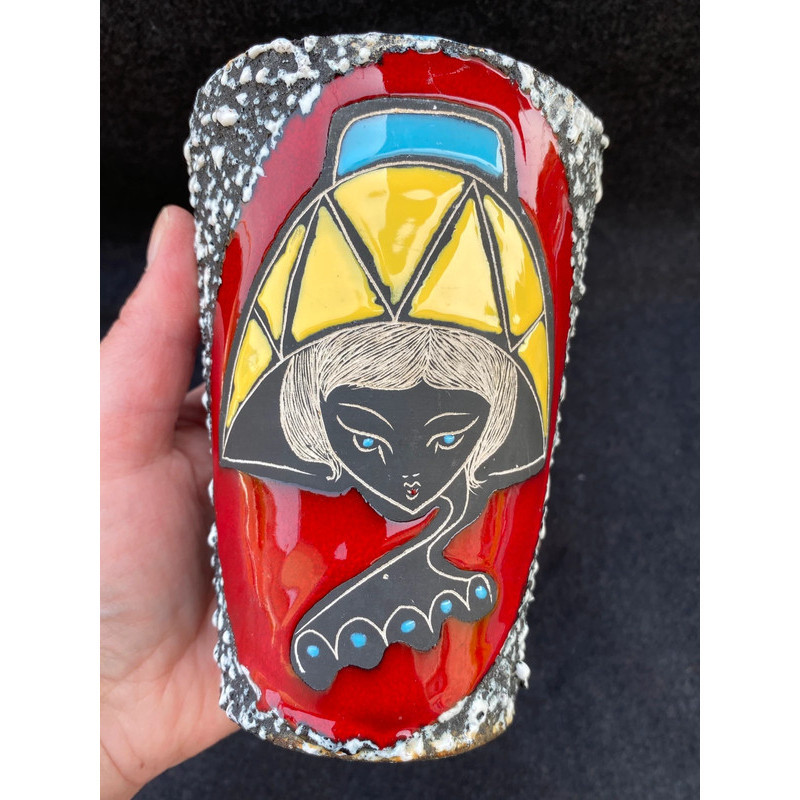 Petit vase lave fifties "femme au chapeau" Style Vallauris